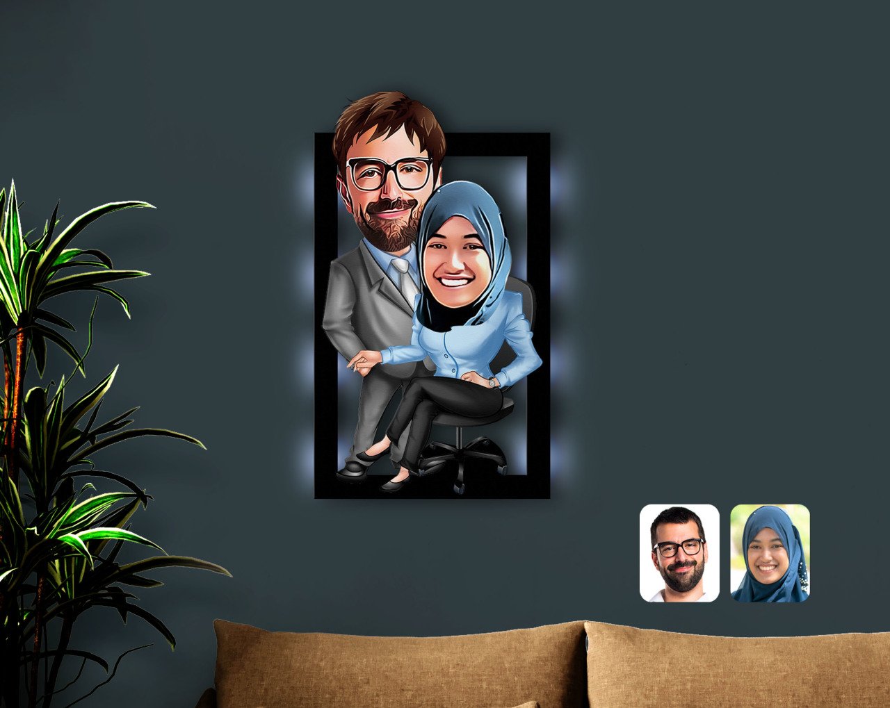 Kişiye Özel Sevgililer Karikatürlü 3D Led Işıklı Ahşap Tablo-59