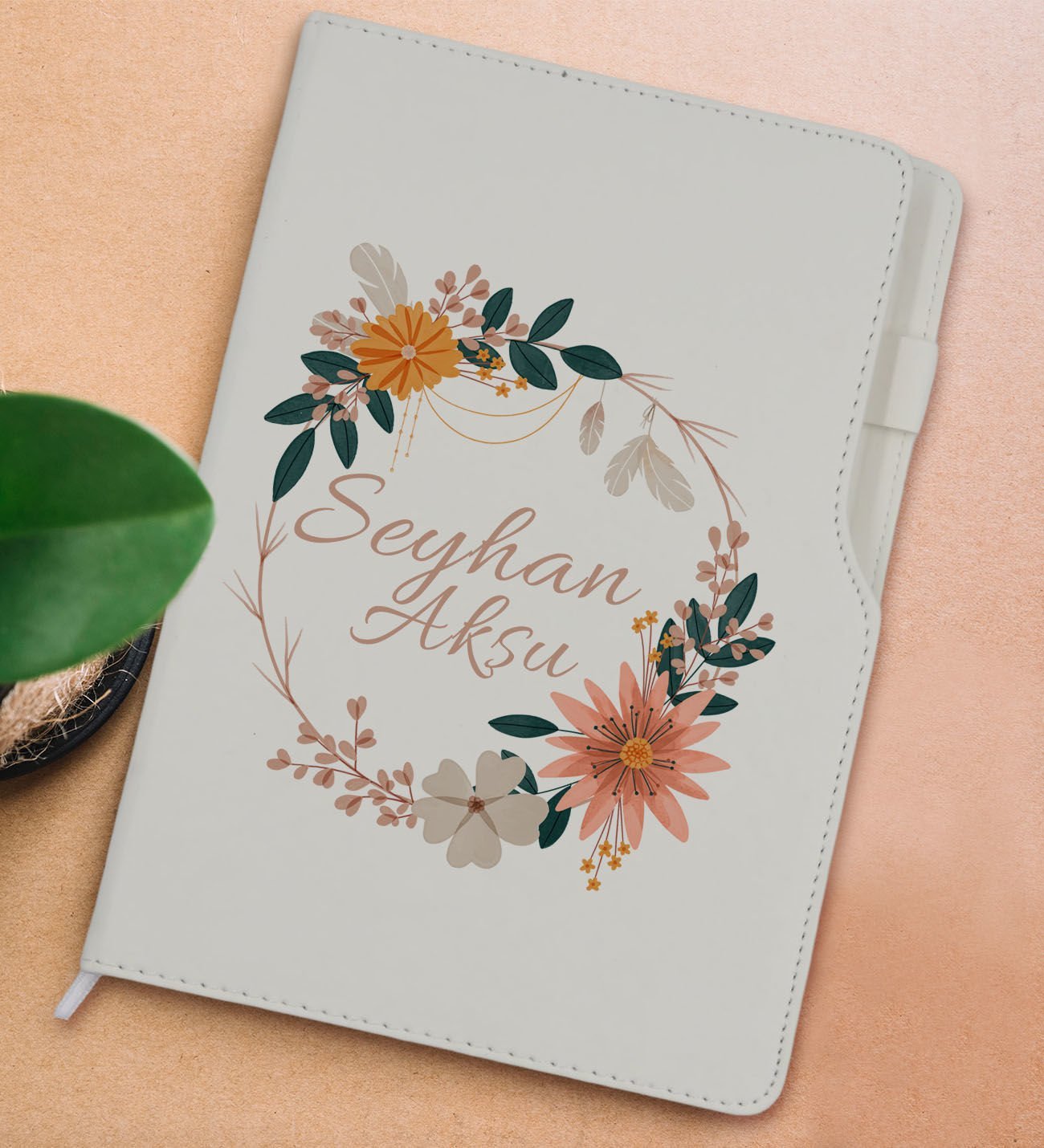 BK Gift Kişiye Özel Çiçek Tasarımlı Beyaz Termo Deri Not Defteri 15x21cm-20