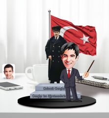 BK Gift Kişiye Özel Atatürk ve Erkek Öğretmen Temalı 2 Katmanlı Karikatürlü Ahşap Biblo- 4-2, Öğretmene Hediye, Öğretmenler Günü, 100. Yıl Hediyesi