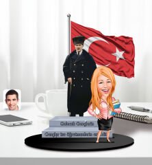 BK Gift Kişiye Özel Atatürk ve Erkek Öğretmen Temalı 2 Katmanlı Karikatürlü Ahşap Biblo- 4-2, Öğretmene Hediye, Öğretmenler Günü, 100. Yıl Hediyesi