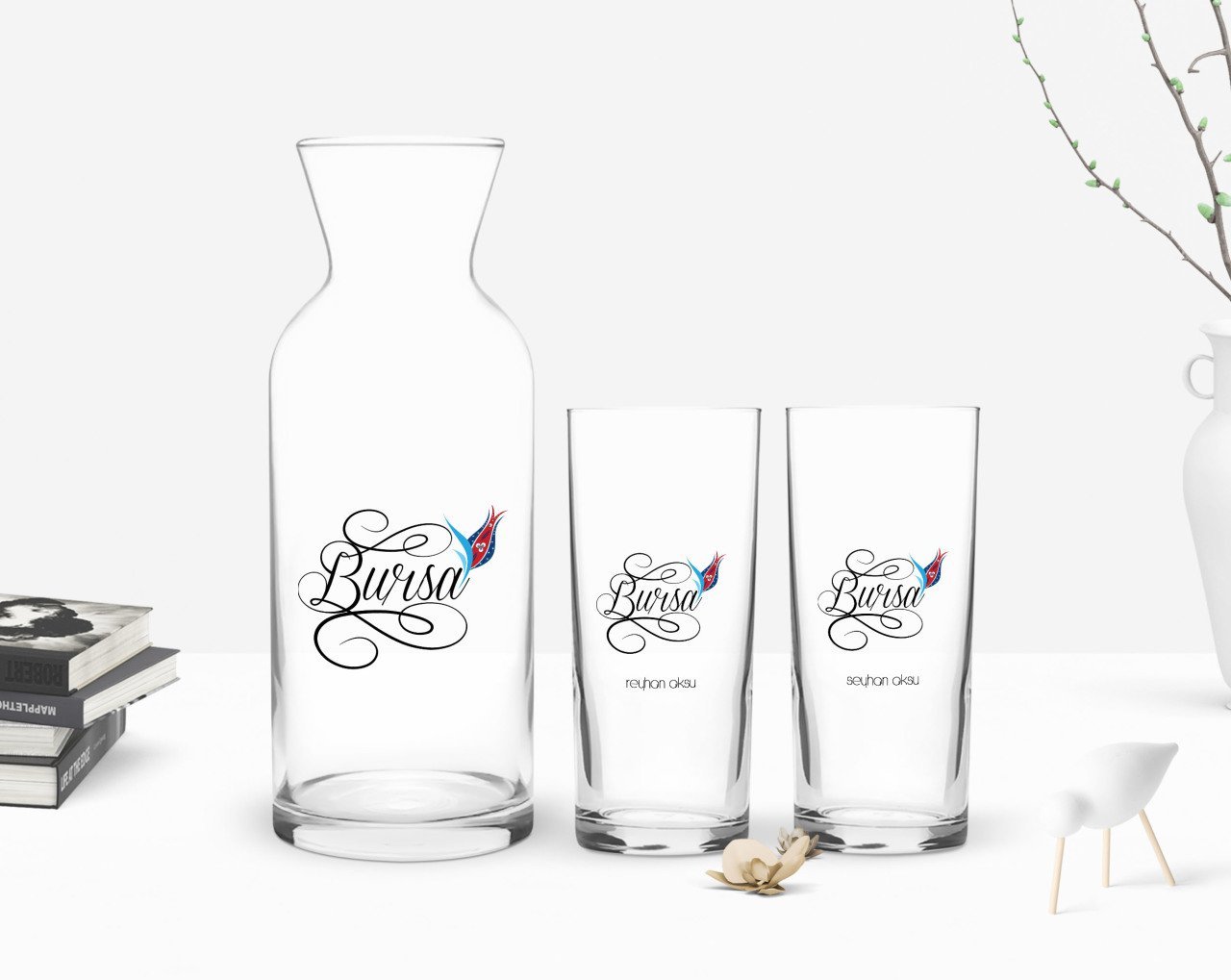 Kişiye Özel Renkli Baskılı Bursa Tasarımlı Turistik İkili Rakı Bardağı ve Karaf Hediye Seti-4