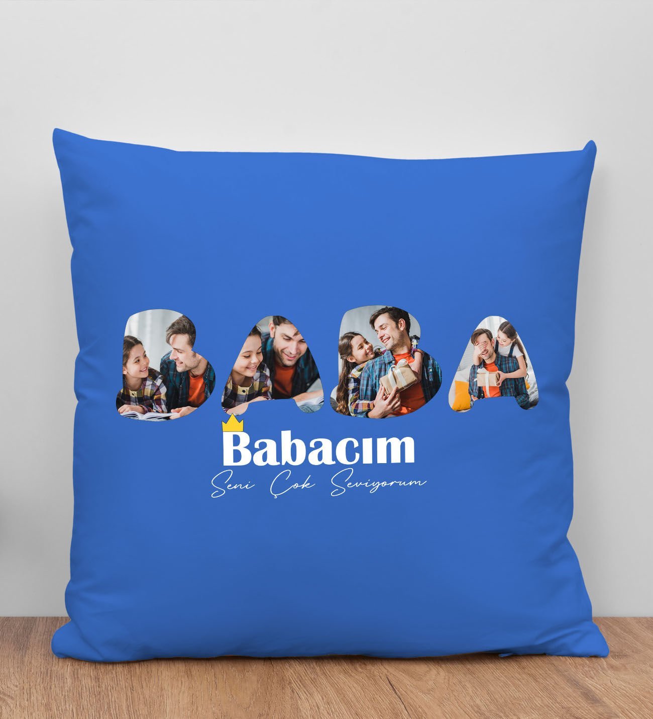 BK Gift Kişiye Özel Fotoğraflı Babalar Günü Tasarımlı Mavi Kırlent Yastık-1 Babaya Hediye, Ev Dekorasyonu, Babalar Günü Hediyesi