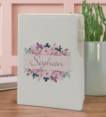 BK Gift Kişiye Özel Çiçek Tasarımlı Beyaz Termo Deri Not Defteri 15x21cm-22