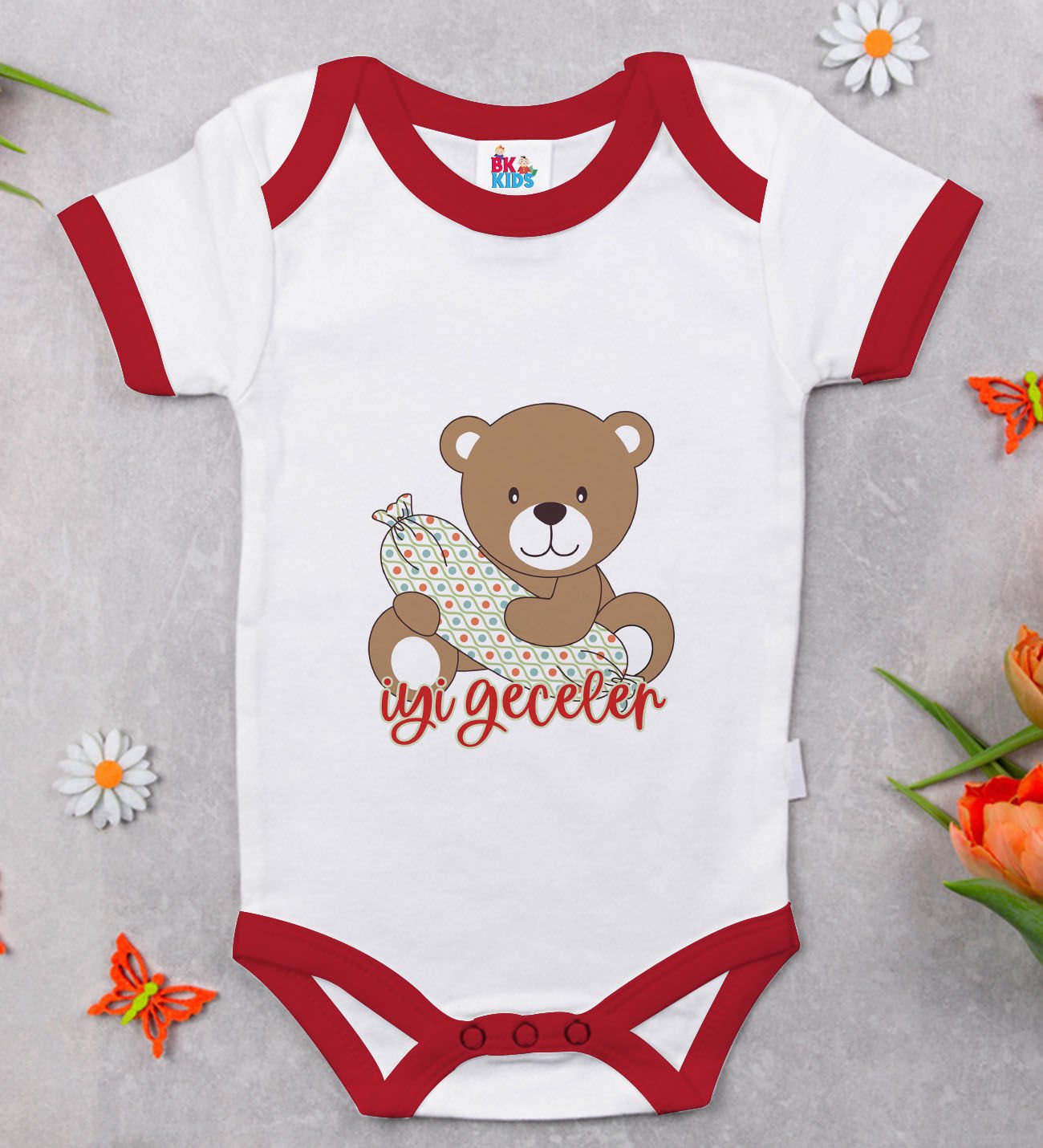 BK Kids Sevimli Ayı Tasarımlı Kırmızı Bebek Body Zıbın-1