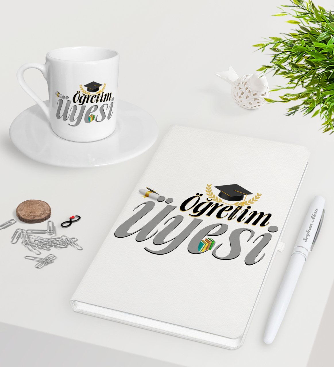 Kişiye Özel Öğretim Üyesi Beyaz Defter Kalem Türk Kahvesi Fincanı Seti-2