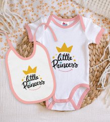 BK Kids Little Princess Tasarımlı Pembe Bebek Body Zıbın ve Mama Önlüğü Hediye Seti-1