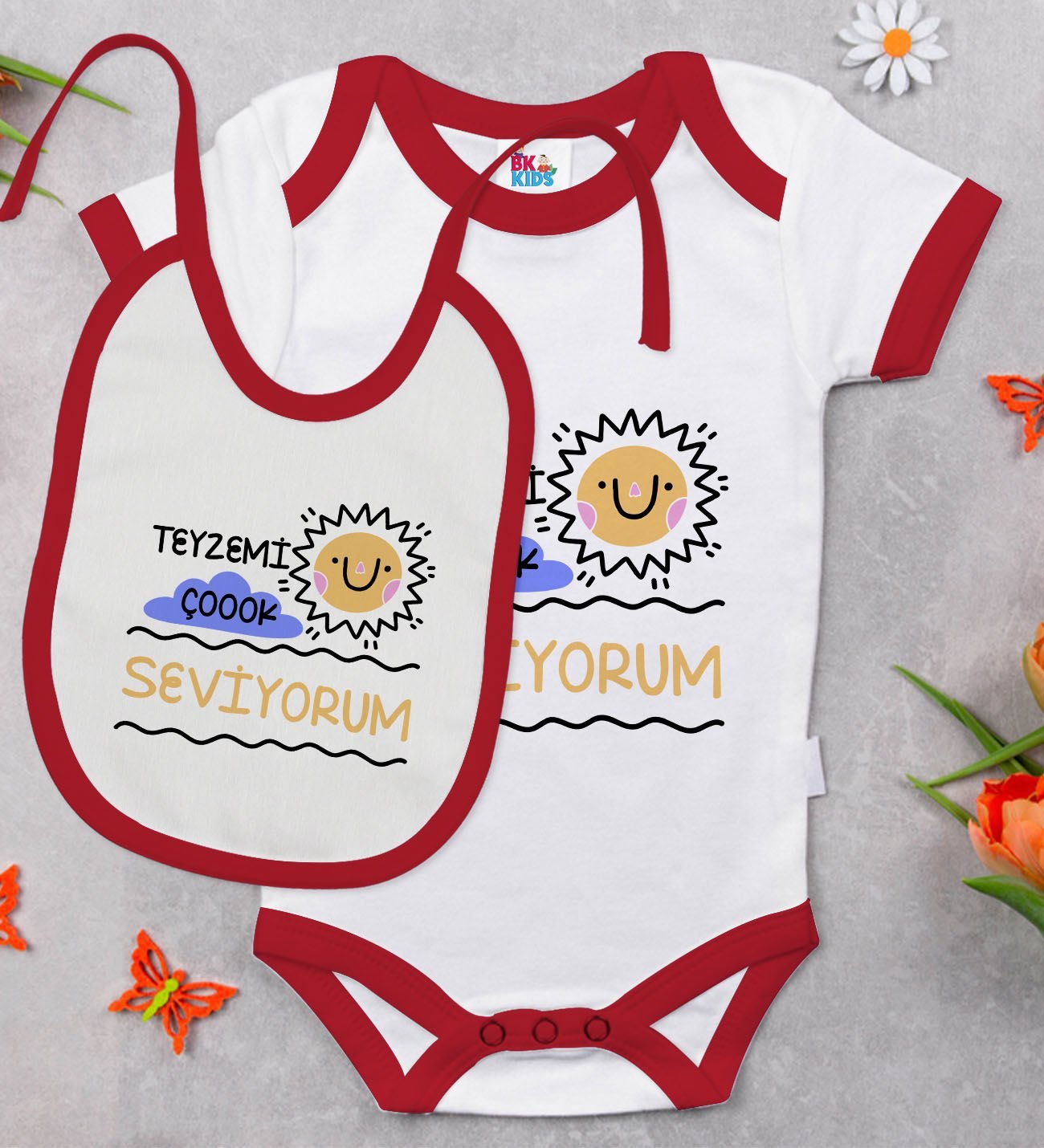 BK Kids Teyzemi Çok Seviyorum Tasarımlı Kırmızı Bebek Body Zıbın ve Mama Önlüğü Hediye Seti-1