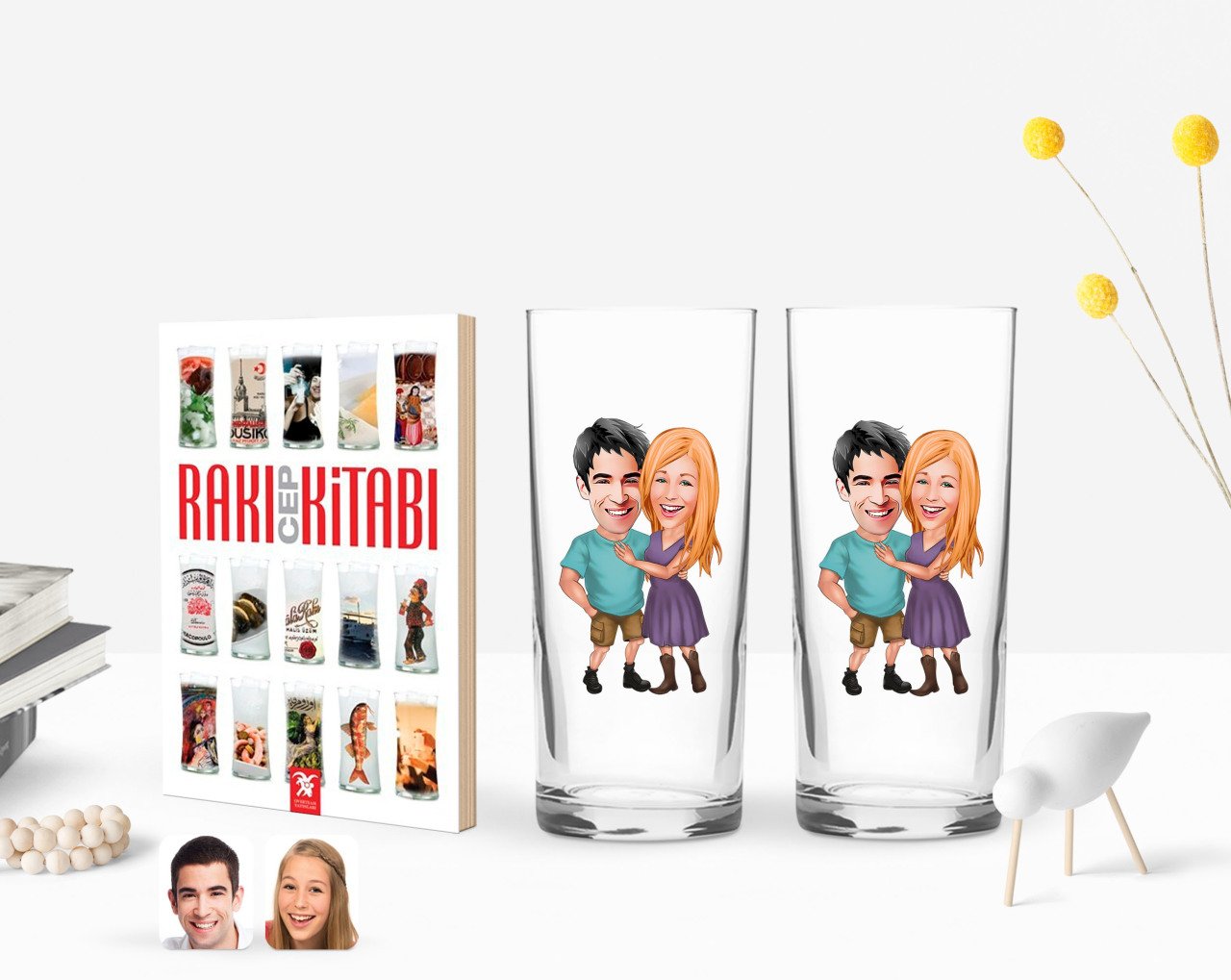 Kişiye Özel Renkli Baskılı Sevgililer Karikatürlü İkili Rakı Bardağı ve Rakı Cep Kitabı Hediye Seti-80