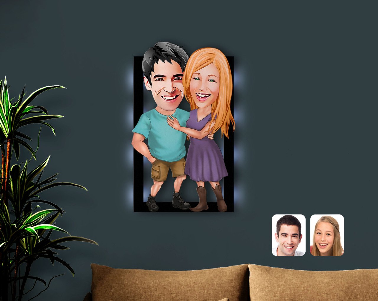 Kişiye Özel Sevgililer Karikatürlü 3D Led Işıklı Ahşap Tablo-80