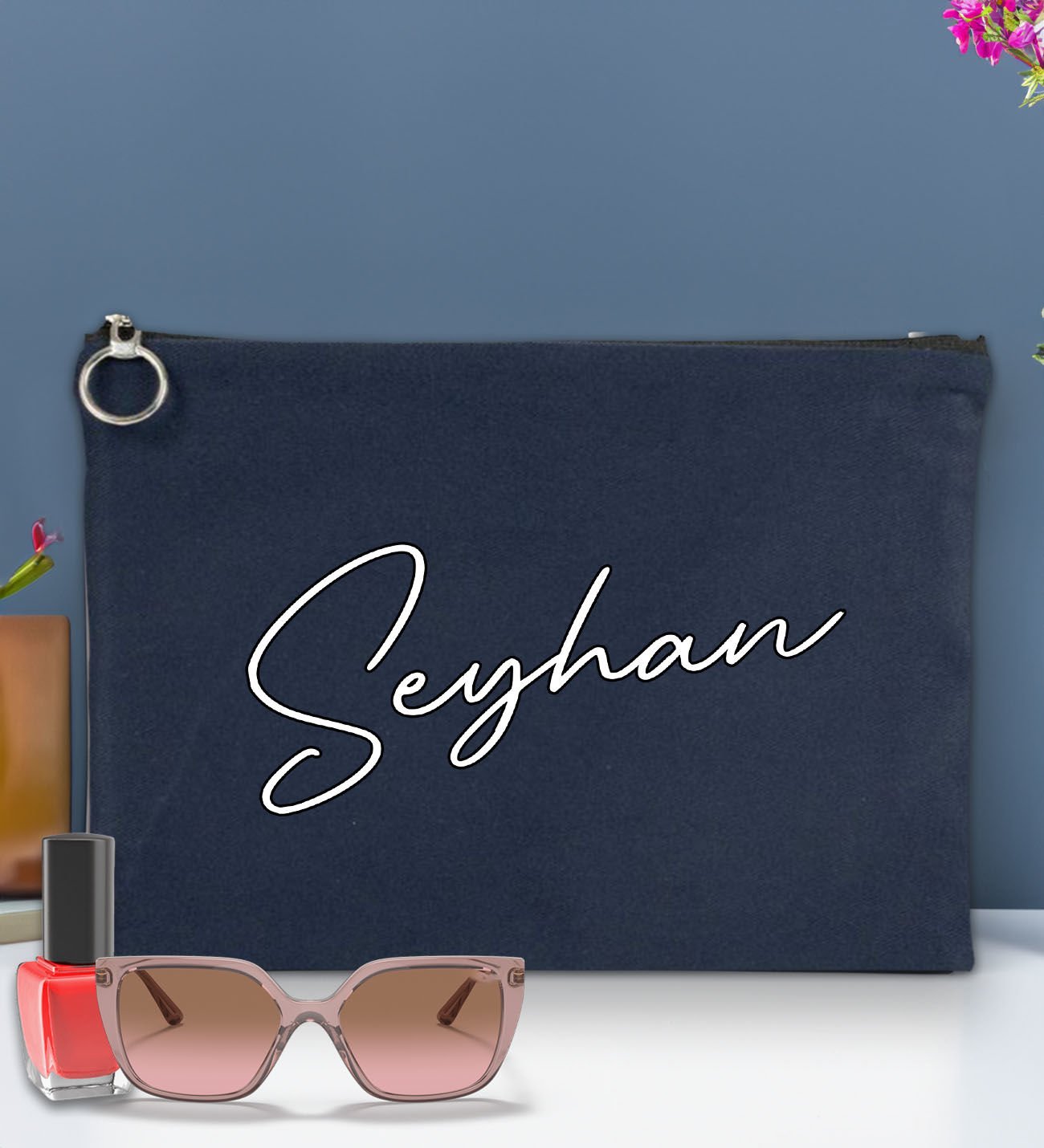 BK Gift Kişiye Özel İsimli-6 Astarlı Lacivert Portföy Çanta 30x21cm, Baskılı El Çantası, Organizer Çanta