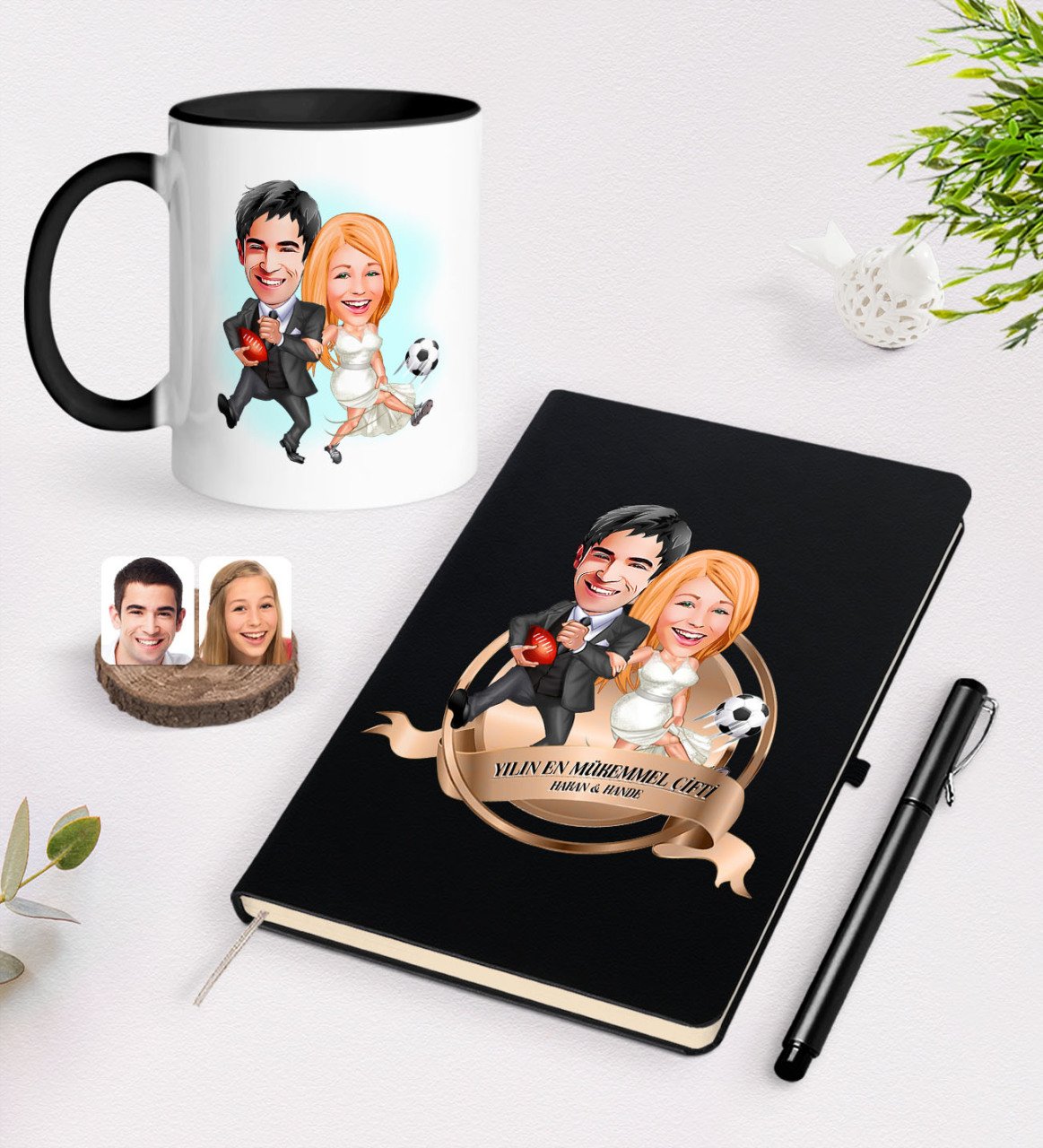 Kişiye Özel Yılın En Mükemmel Çifti Karikatürlü Siyah Defter Kalem ve Kupa Seti-15