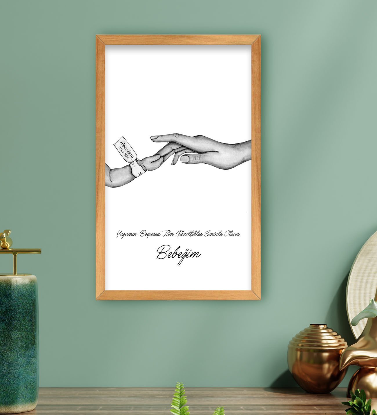 BK Gift Kişiye Özel Siyah Beyaz El Ele Tutuşan Anne-Çocuk Tasarımlı Ahşap Çerçeveli Tablo-1 40x25cm, Anneye Hediye, Yeni Doğum Hediyesi