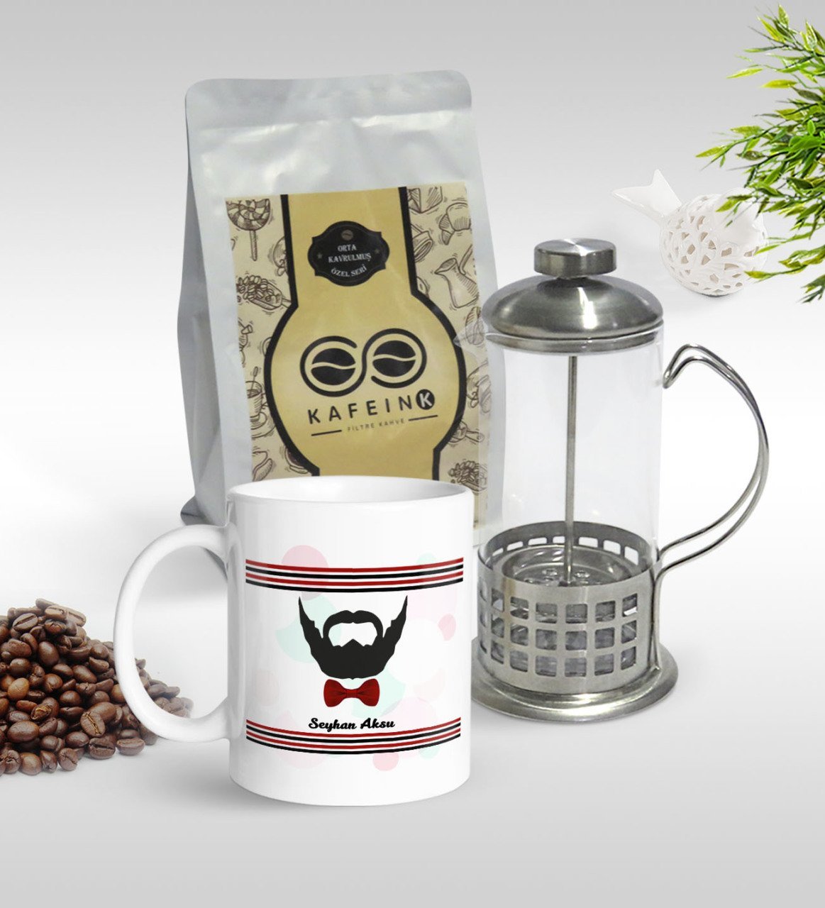Kişiye Özel Yakışıklı Babam Tasarımlı Kupa & French Press & 250gr Filtre Kahve Hediye Seti-3