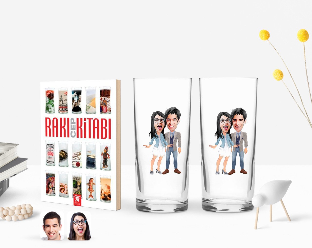Kişiye Özel Renkli Baskılı Sevgililer Karikatürlü İkili Rakı Bardağı ve Rakı Cep Kitabı Hediye Seti-81