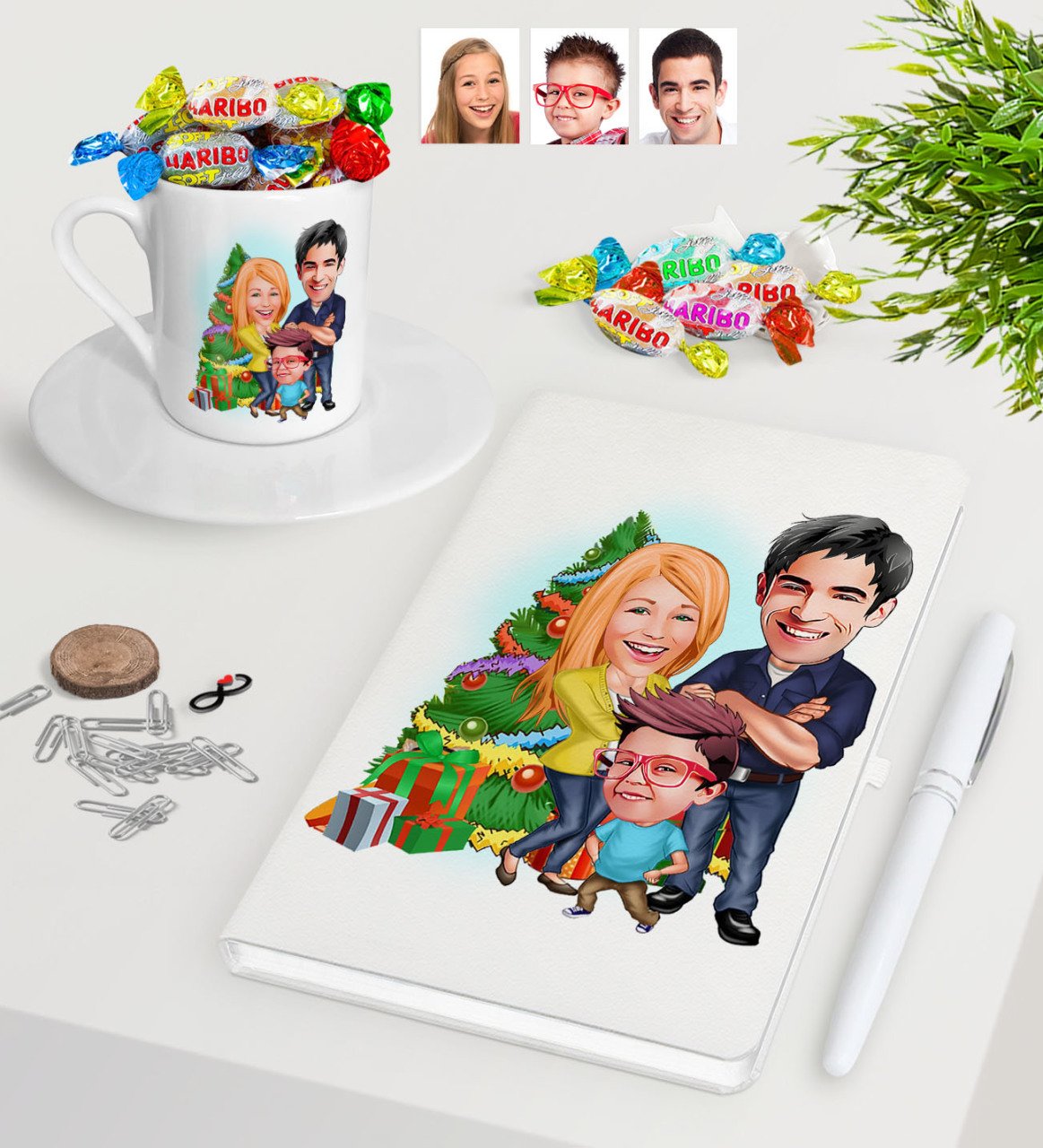 Kişiye Özel Yeni Yıl Aile Karikatürlü Beyaz Defter Kalem Türk Kahvesi Fincanı ve Haribo Şeker Hediye Seti-3
