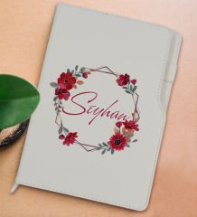 BK Gift Kişiye Özel Çiçek Tasarımlı Beyaz Termo Deri Not Defteri 15x21cm-27