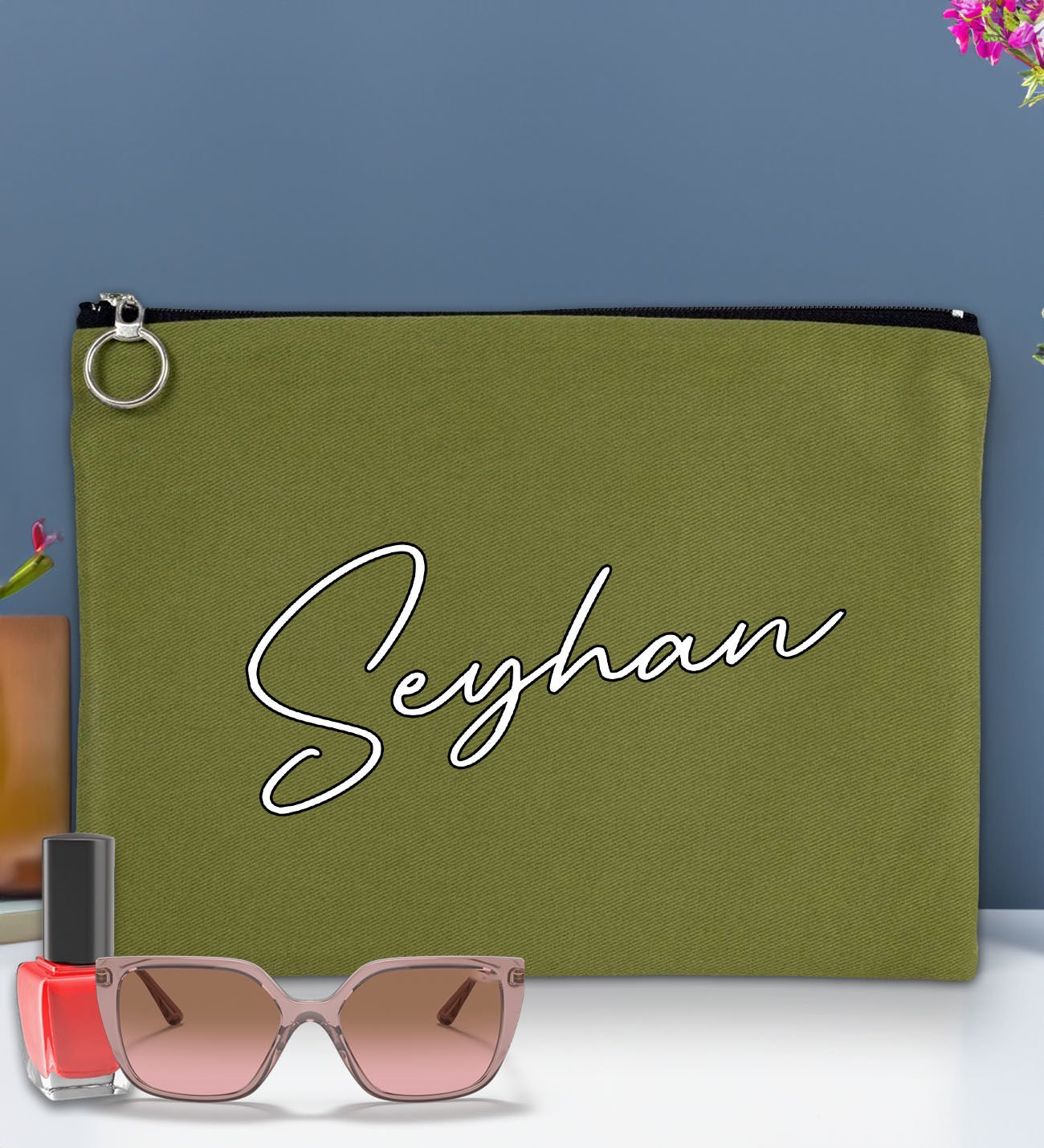 BK Gift Kişiye Özel İsimli-6 Astarlı Yeşil Portföy Çanta 30x21cm, Baskılı El Çantası, Organizer Çanta