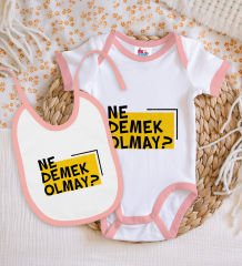 BK Kids Ne Demek Olmay Tasarımlı Pembe Bebek Body Zıbın ve Mama Önlüğü Hediye Seti-1