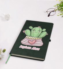 Kişiye Özel Kaktüs Tasarımlı Yeşil Termo Deri Defter Model 2