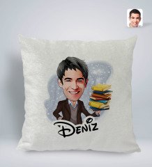 Kişiye Özel İsimli Erkek Öğretmen Karikatürlü Kare Araç Koltuk Yastığı-1