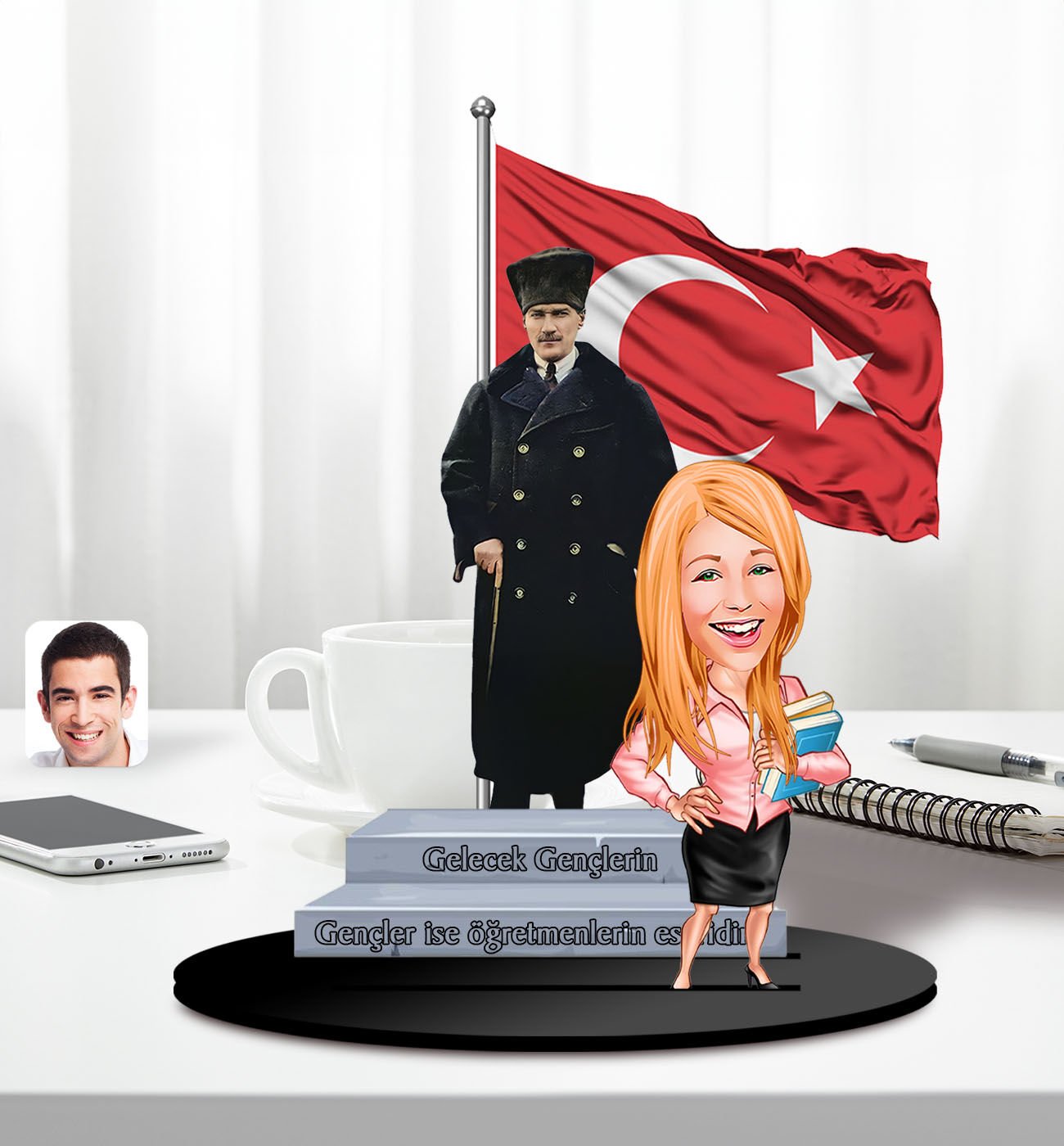 BK Gift Kişiye Özel Atatürk ve Kadın Öğretmen Temalı 2 Katmanlı Karikatürlü Ahşap Biblo- 4-2, Öğretmene Hediye, Öğretmenler Günü, 100. Yıl Hediyesi
