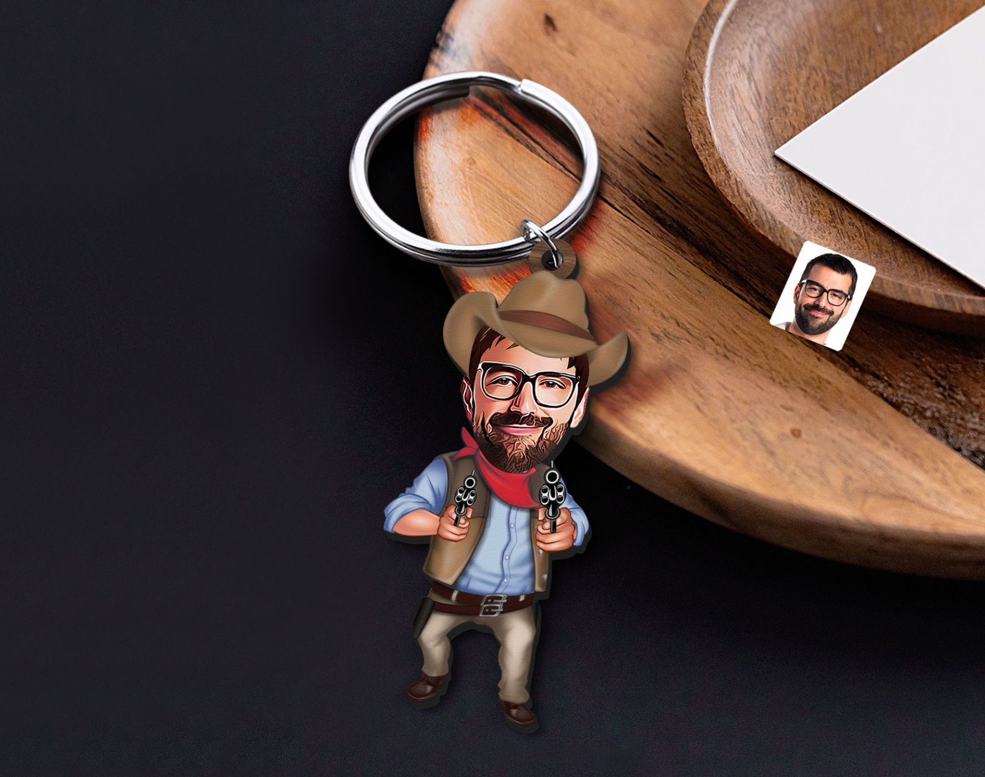 BK Gift Kişiye Özel Erkek Kovboy Karikatürlü Ahşap Anahtarlık-4 Sevgiliye Hediye, Arkadaşa Hediye, Doğum Günü Hediyesi