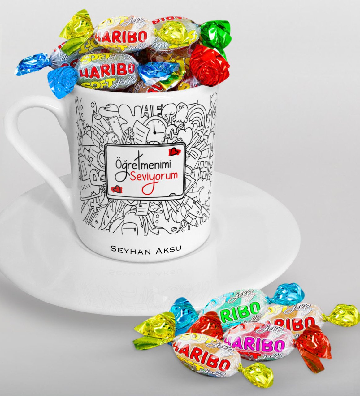 Kişiye Özel Öğretmenimi Seviyorum Türk Kahvesi Fincanı ve Haribo Şeker Hediye Seti-1