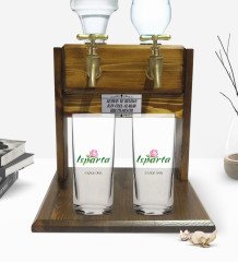 Kişiye Özel Renkli Baskılı Isparta Tasarımlı Turistik İkili Rakı Bardağı ve Çift Musluklu Doğal Ahşap Rakı Standı-2