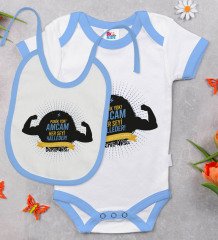 BK Kids Kişiye Özel Amcam Her Şeyi Halleder Tasarımlı Mavi Bebek Body Zıbın ve Mama Önlüğü Hediye Seti