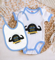 BK Kids Kişiye Özel Amcam Her Şeyi Halleder Tasarımlı Mavi Bebek Body Zıbın ve Mama Önlüğü Hediye Seti