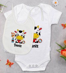 BK Kids Kişiye Özel İsimli Bebek Body Zıbın ve Mama Önlüğü Hediye Seti - Model 34