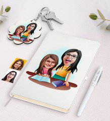 Kişiye Özel Anne Kız Karikatürlü Beyaz Defter Kalem ve Anahtarlık Hediye Seti-1