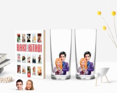 Kişiye Özel Renkli Baskılı Sevgililer Karikatürlü İkili Rakı Bardağı ve Rakı Cep Kitabı Hediye Seti-89