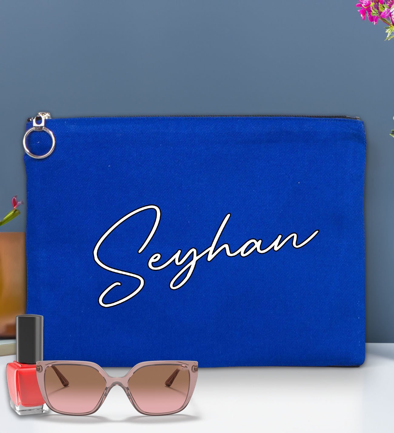 BK Gift Kişiye Özel İsimli-6 Astarlı Mavi Portföy Çanta 30x21cm, Baskılı El Çantası, Organizer Çanta
