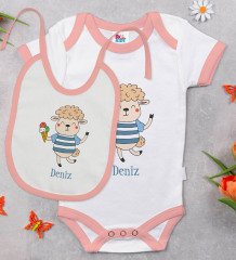 BK Kids Kişiye Özel İsimli Pembe Bebek Body Zıbın ve Mama Önlüğü Hediye Seti-22