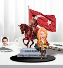 BK Gift Kişiye Özel Atatürk ve Kadın Öğretmen Temalı 2 Katmanlı Karikatürlü Ahşap Biblo- 5, Öğretmene Hediye, Öğretmenler Günü, 100. Yıl Hediyesi