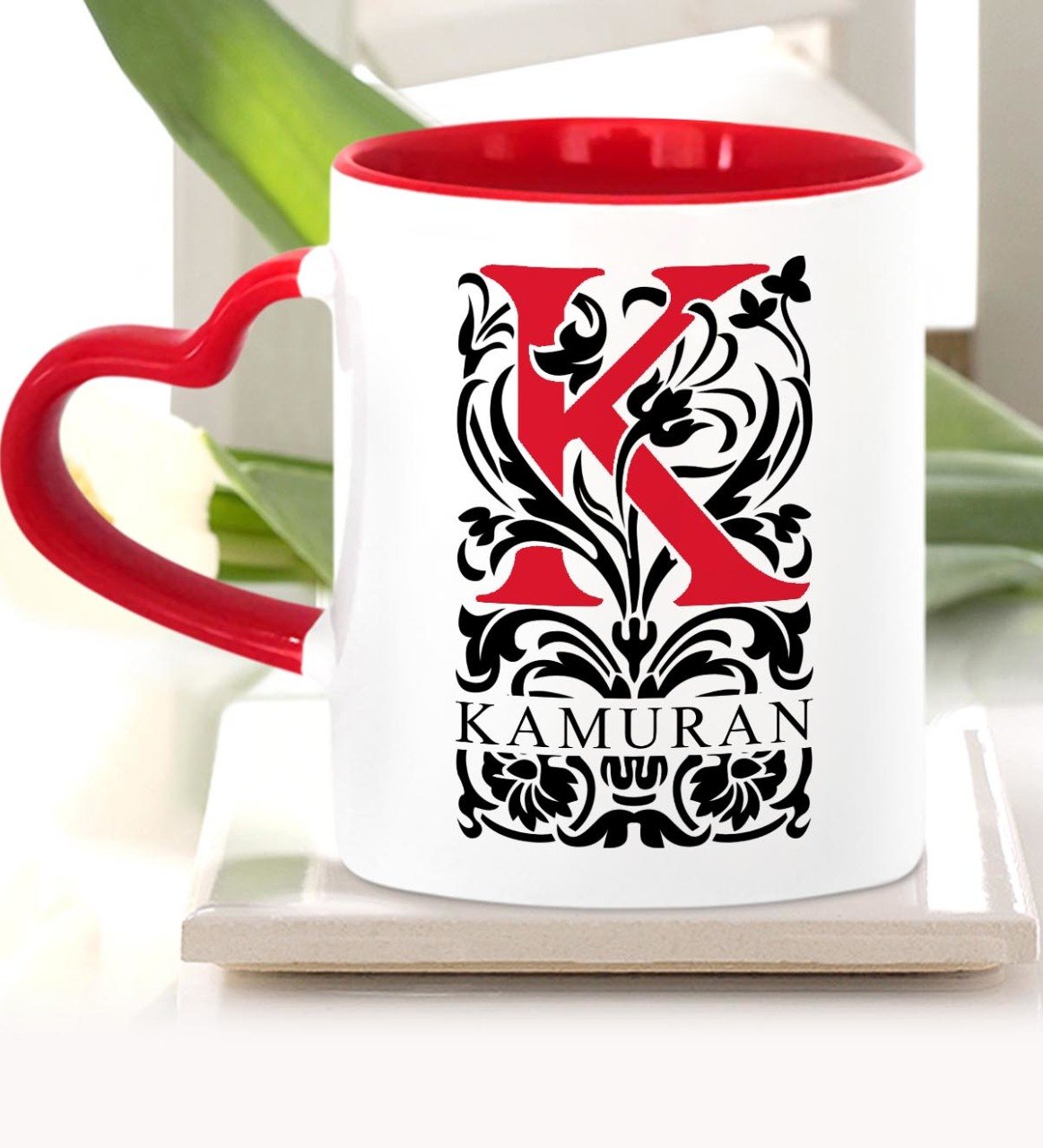 Kişiye Özel K Harfi Kırmızı Kalpli Kupa Bardak (Model 2)