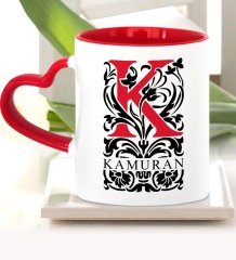 Kişiye Özel K Harfi Kırmızı Kalpli Kupa Bardak (Model 2)