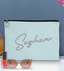 BK Gift Kişiye Özel İsimli-6 Astarlı Açık Mavi Portföy Çanta 30x21cm, Baskılı El Çantası, Organizer Çanta