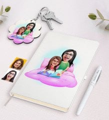 Kişiye Özel Anne Kız Karikatürlü Beyaz Defter Kalem ve Anahtarlık Hediye Seti-3