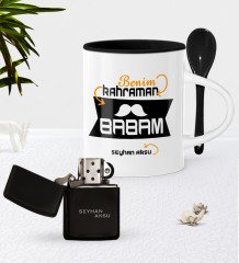 Kişiye Özel Benim Kahraman Babam Siyah Kaşıklı Kupa Benzinli Çakmak Seti