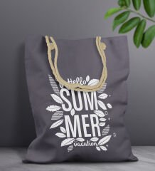 BK Gift Yaz Temalı Antrasit Halat Saplı Kumaş Plaj Çantası -1, Baskılı Omuz Çantası, Alışveriş Çantası, Arkadaşa Hediye, Sevgiliye Hediye