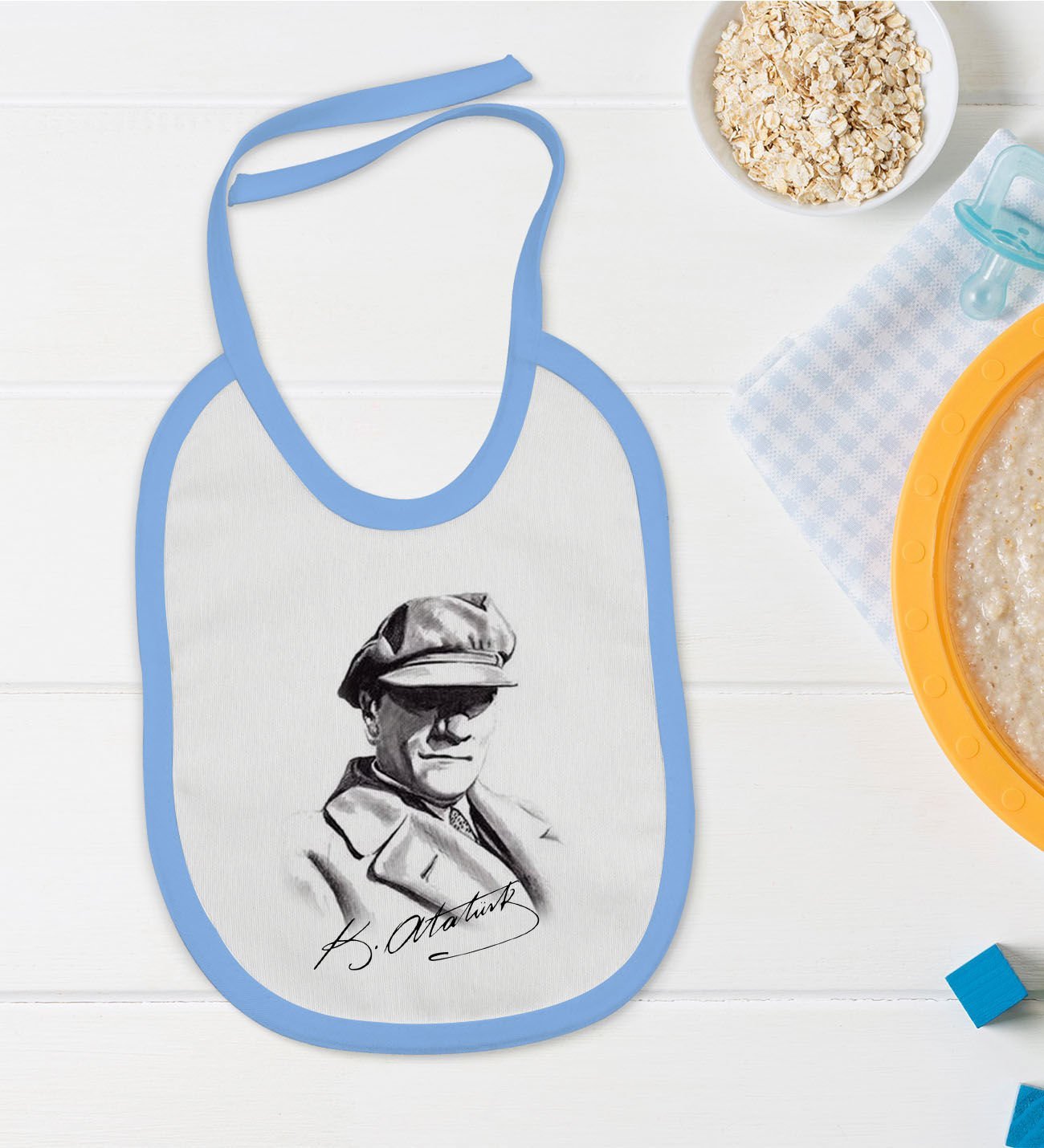 BK Kids Atatürk Temalı Mavi Bebek Mama Önlüğü-17