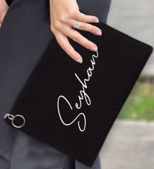 BK Gift Kişiye Özel İsimli-6 Astarlı Siyah Portföy Çanta 30x21cm, Baskılı El Çantası, Organizer Çanta
