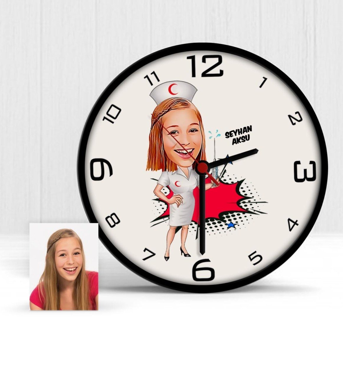 Kişiye Özel Hemşire Karikatür Ahşap Duvar Saati - 1