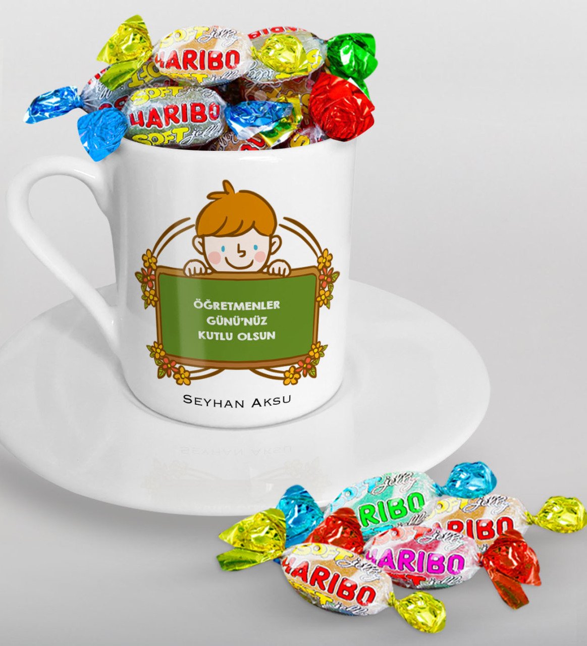 Kişiye Özel Öğretmenler Günümüz Kutlu Olsun Türk Kahvesi Fincanı ve Haribo Şeker Hediye Seti-4