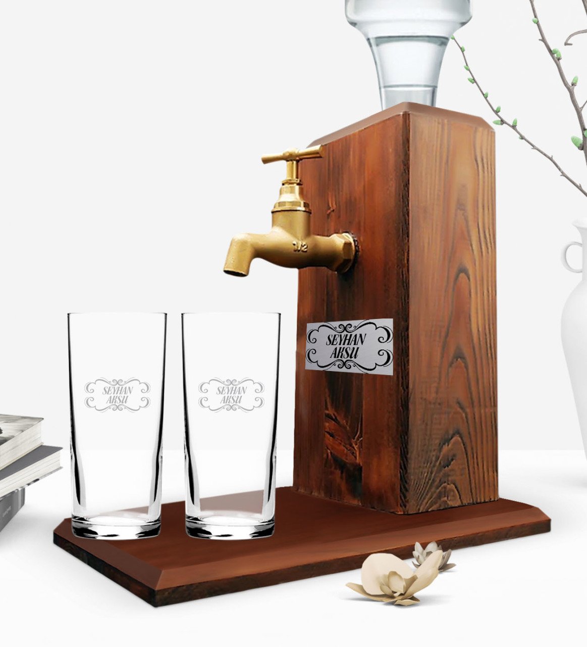 Kişiye Özel İkili Rakı Bardağı ve Musluklu Doğal Ahşap Rakı Standı - Ceviz