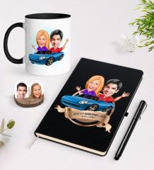 Kişiye Özel Yılın En Mükemmel Çifti Karikatürlü Siyah Defter Kalem ve Kupa Seti-52