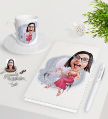 Kişiye Özel Bayan Karikatürlü Beyaz Defter Kalem Türk Kahvesi Fincanı Seti-23