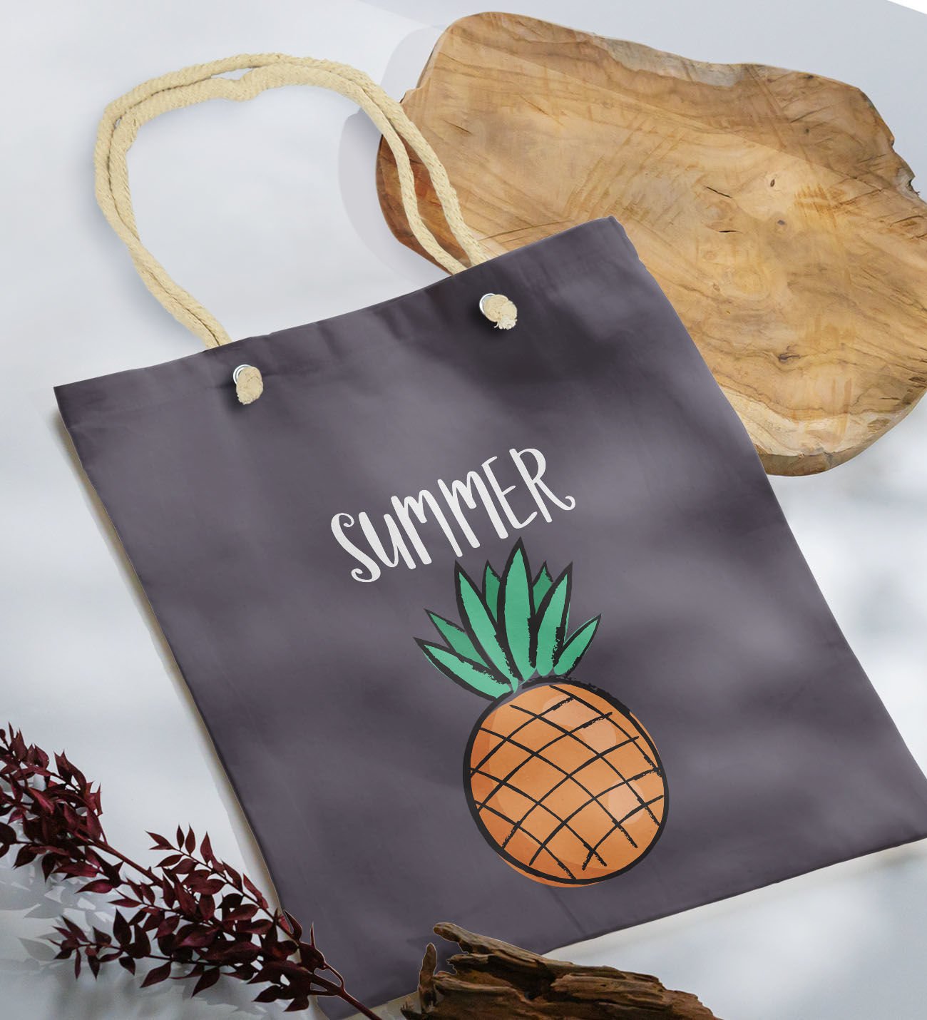 BK Gift Yaz Temalı Antrasit Halat Saplı Kumaş Plaj Çantası -4, Baskılı Omuz Çantası, Alışveriş Çantası, Arkadaşa Hediye, Sevgiliye Hediye